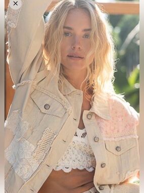 #184-42 New POL Beige and Pink Jean Jacket with Crochet Accents